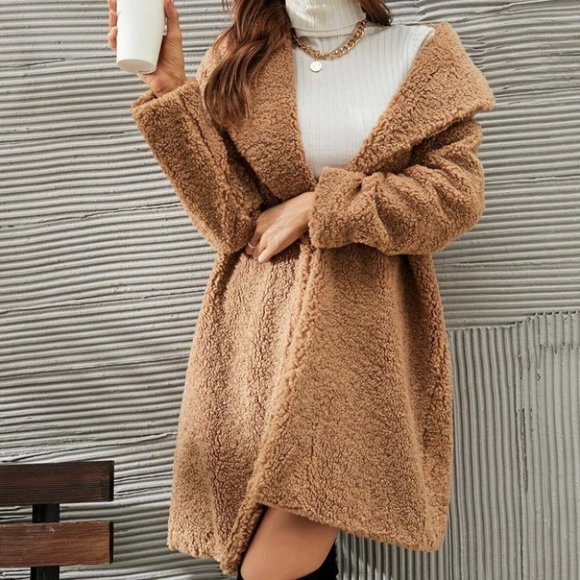 KHAKI OPEN FRONT TEDDY COAT FALL WINTER CONTEMPORARY CHIC STREETWEAR - Picture 2 of 7